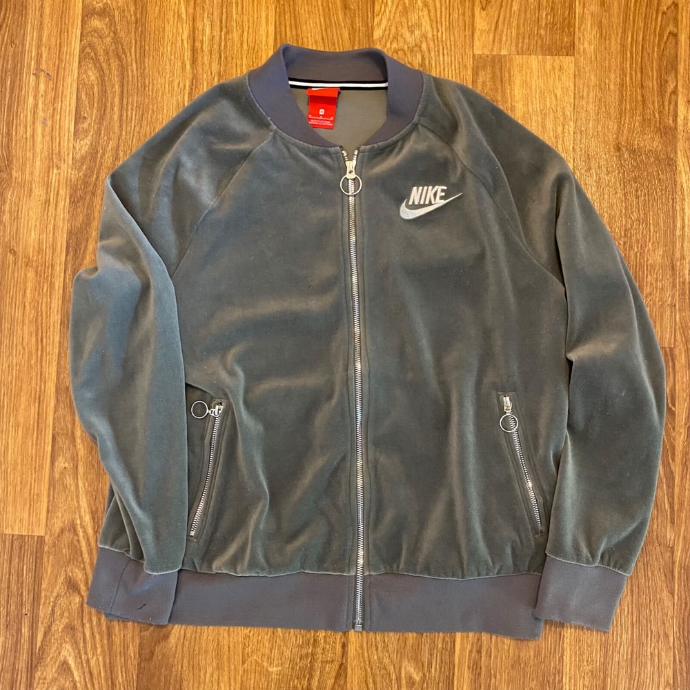 Y2K Nike Velour Track Jacket Women‎ Medium Grey Full Zip Embroidered